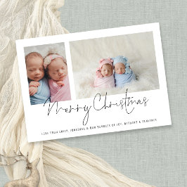 Modern 2 Photo Collage Baby Twillingars Första jul Julkort