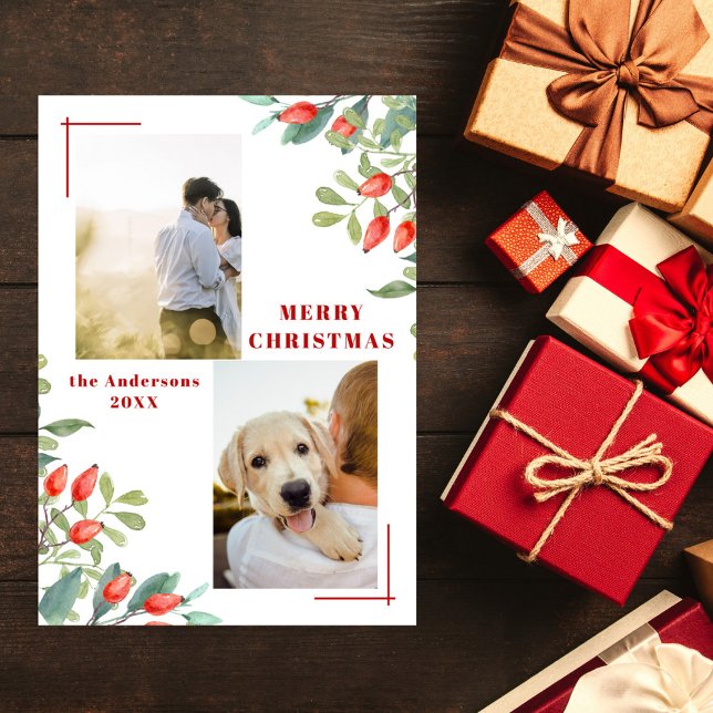 Modern 2 Photo Collage Winter Botanicals jul Julkort (Skapare uppladdad)