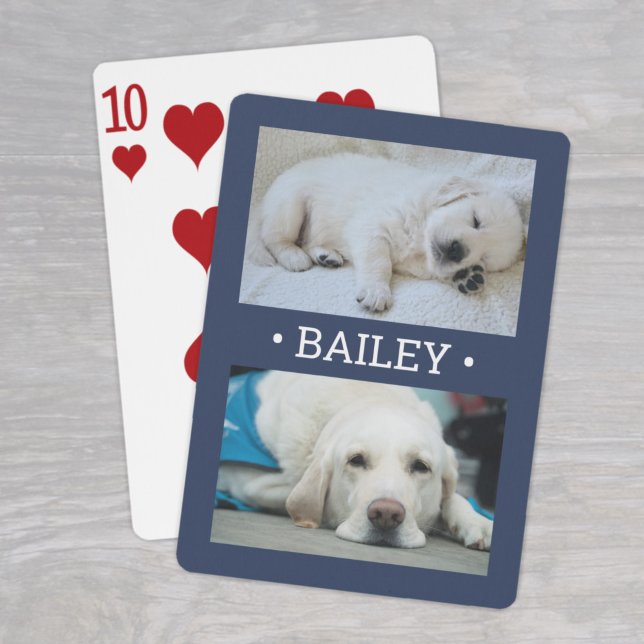 Modern 2 Photo Hund eller Namn Navy Blue and White Casinokort (Skapare uppladdad)