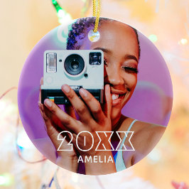 Modern 2 Photo Name Retro Christmas Holiday Julgransprydnad Keramik