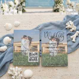 Modern 2 Photo QR Code Romantic Script Wedding Inbjudningar