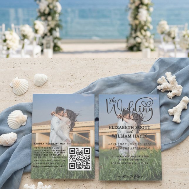 Modern 2 Photo QR Code Romantic Script Wedding Inv Inbjudningar (Skapare uppladdad)