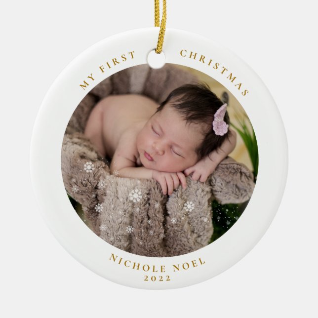 Modern 2-sidig bild av mitt första julfoto julgransprydnad keramik (Framsidan)