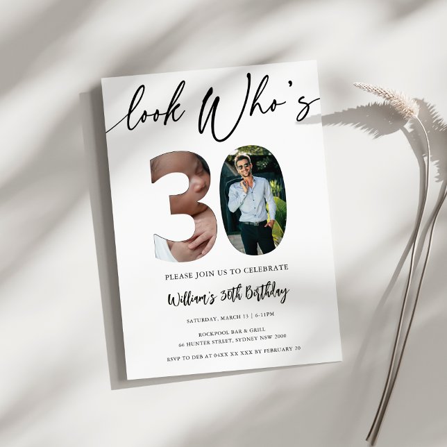 Modern 30-årsdag – Titta vem som är 30! Två bilder Inbjudningar (Look Who’s 30! Modern 30th Birthday invitation for Him – 2 Photo Custom Party invitation)