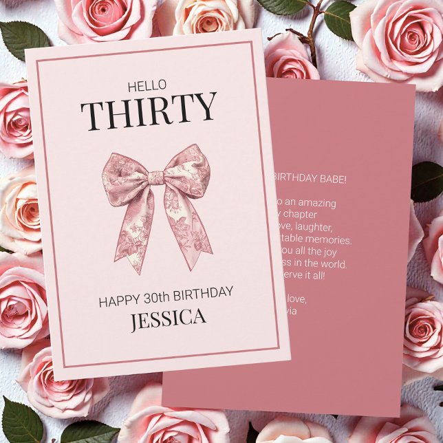 Modern 30 Eleganters Rosa Bow Lycklig 30års födels Kort (Modern Thirty Elegant Pink Bow Happy 30th Birthday Card)
