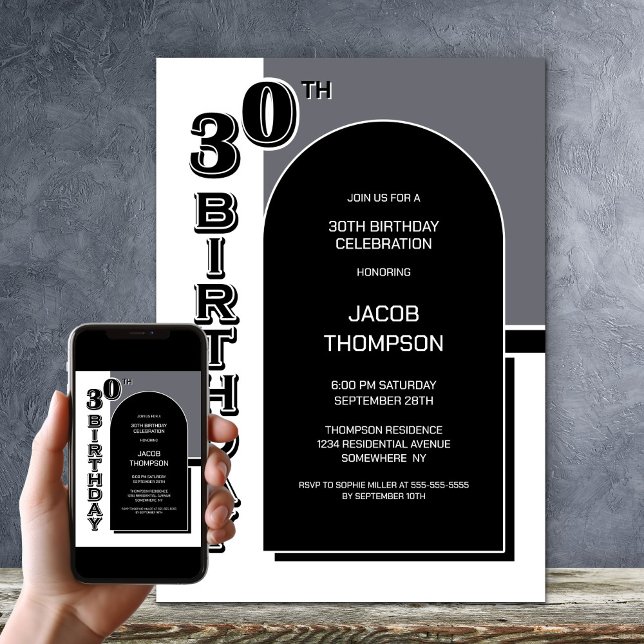 Modern 30års födelsedag Black Arch Party Inbjudningar (Skapare uppladdad)