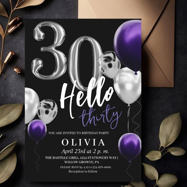 Modern 30års födelsedag Black Silver Lila Balloati Inbjudningar (Skapare uppladdad)