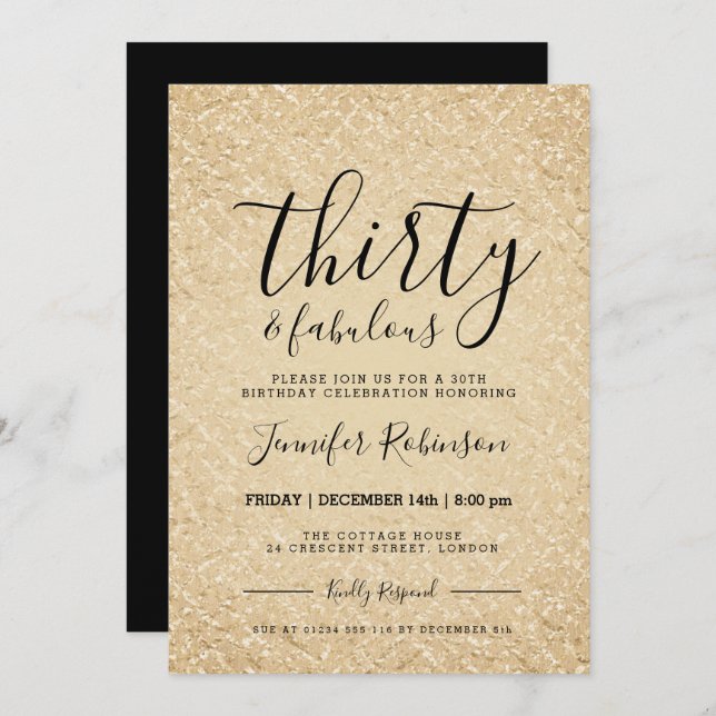 Modern 30års födelsedag Guld Glitter Glam Inbjudningar (Fram/baksida)