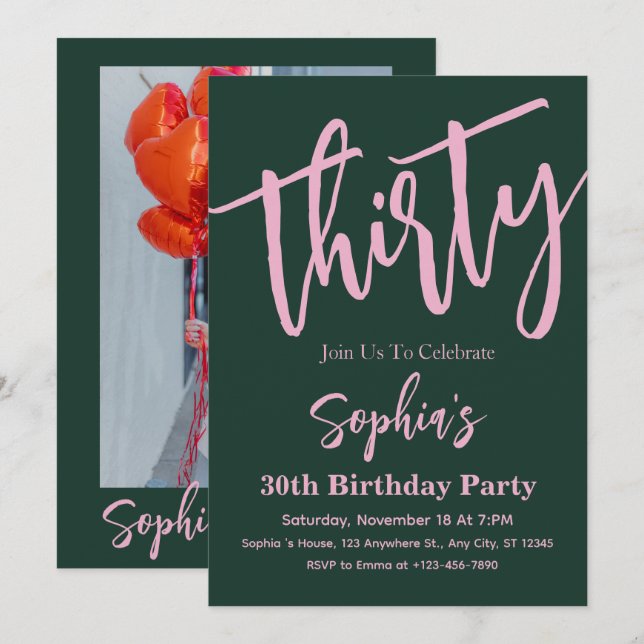 Modern 30års födelsedag Party-fotot i skript Inbjudningar (Fram/baksida)