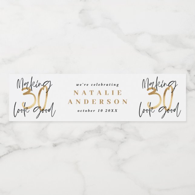 Modern 30års födelsedag svart guld-typografi vatte vattenflaskor etikett (Singel etikett)