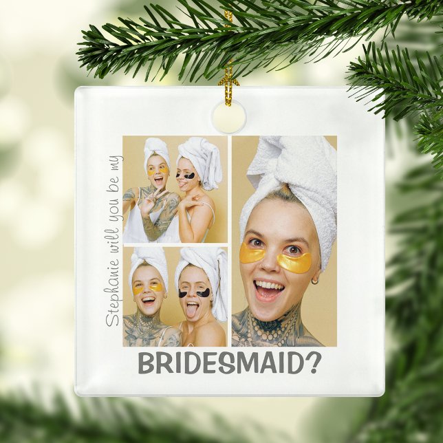 Modern 3 Bilder Collage | Vill du vara min brudtär Julgransprydnad Keramik (Skapare uppladdad)
