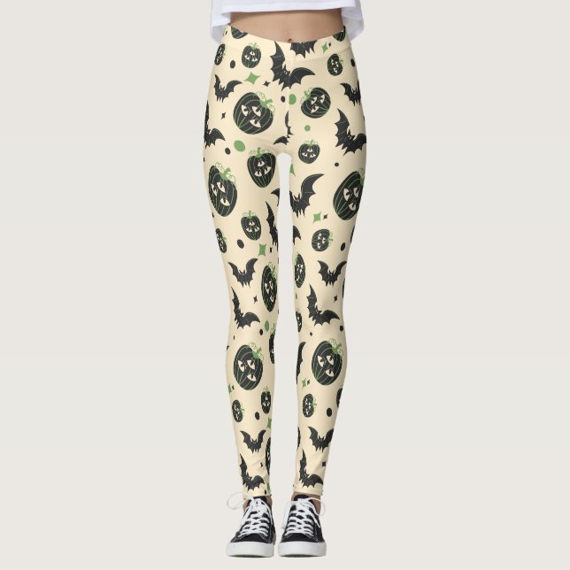 Modern 3-Eyed Pumpkin och Fladdermus Halloween Leggings (Framsida)