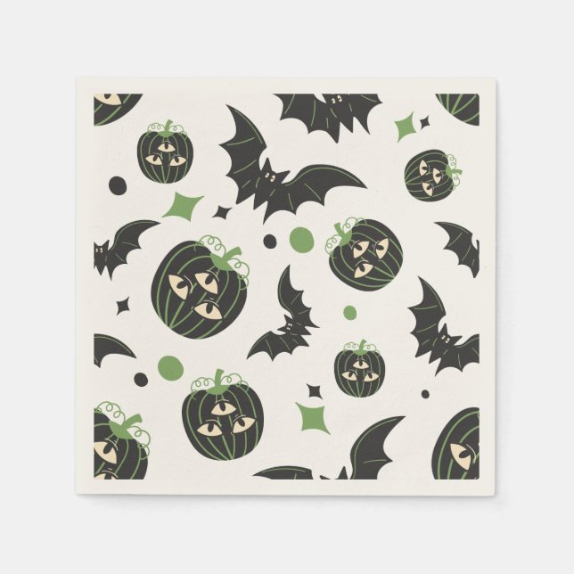 Modern 3-Eyed Pumpkin och Fladdermus Halloween Pappersservett (Framsidan)