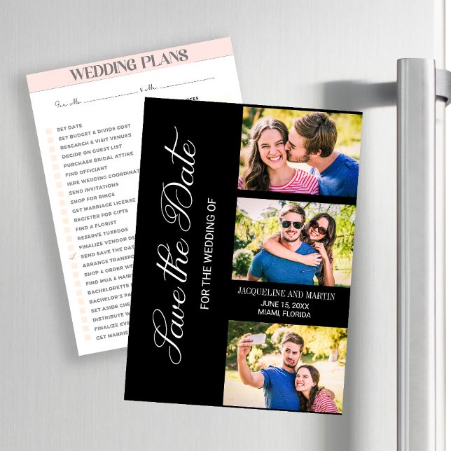 Modern 3 Foto Bröllop Svart (Wedding Save the Date 3-photo magnet )