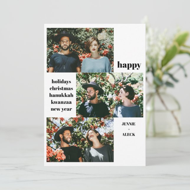 Modern 3 Foto Collage Svart och Vitt Jul Julkort (Stående Fram)