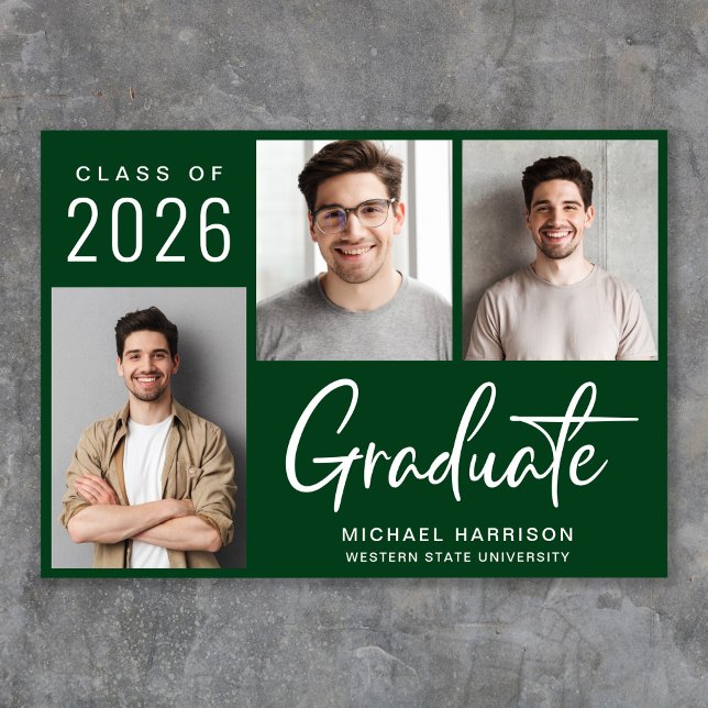 Modern 3 Foto Fet Skrift Grön Examen Meddelande (Cherish the milestone: share your graduate's achievement with a custom photo graduation announcement)