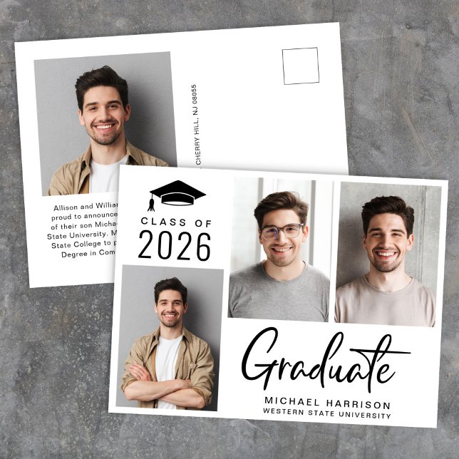 Modern 3 Foto Fet Skript Examen Meddelande Vykort (Modern 3 Photo Bold Script Graduation Announcement Postcard)