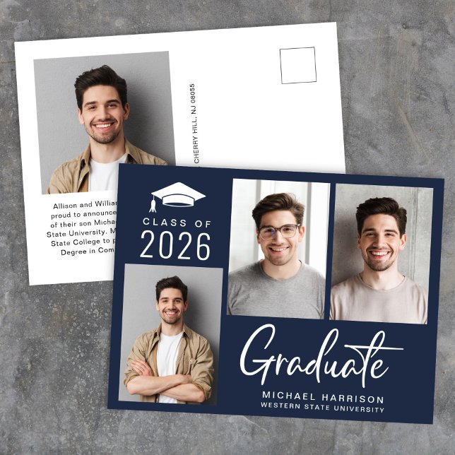 Modern 3-foto, fetstil, blå Studenten Meddelande Vykort (Modern Photo Bold Script Blue Graduation Announcement Postcard)