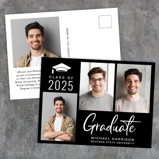 Modern 3-foto, fetstil, svart Studenten Meddelande Vykort (Cherish the milestone: share your graduate's achievement with a custom photo graduation announcement)