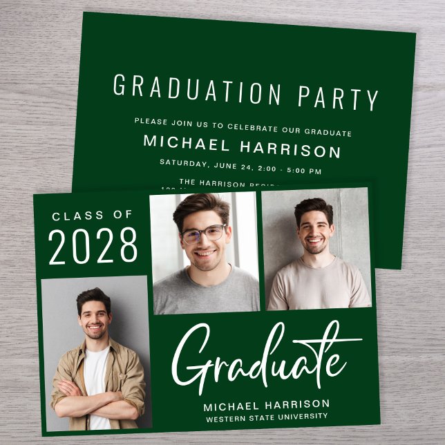 Modern 3-foto-Grönt-Studentfest Inbjudningar (A modern photo collage graduation party invitation to celebrate the graduate's achievements)
