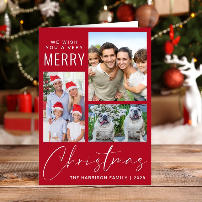 Modern 3 Foto Mycket God Jul Röd Helgkort (This holiday season, let your family's smiles and heartwarming memories shine on our 3 photo card)