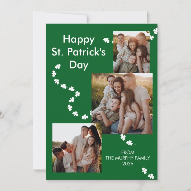Modern 3-foto Shamrock St. Patrick's Day Familj Julkort (Framsida)
