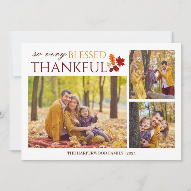 Modern 3-foto storyboard Blessed Thankful Julkort (Framsida)