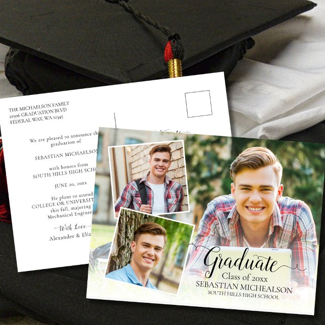 Modern 3-foto-Studenten-meddelande Vykort (Modern 3 Photo Graduation Announcement Postcard)