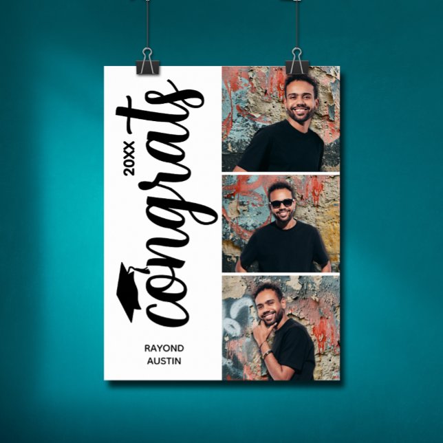 Modern 3-foto-Studentfest Poster (Chic graduation multiple photo party poster - PRINTED and/or INSTANT DOWNLOAD)