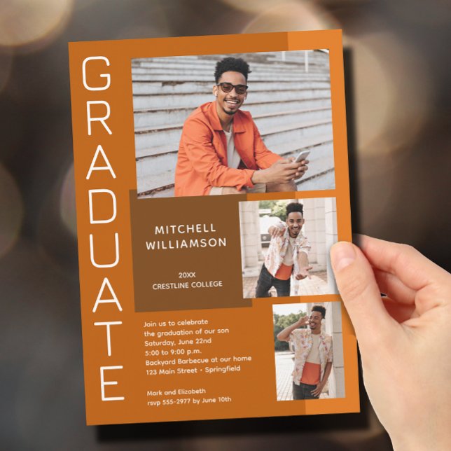 Modern 3-fotobränd Orange Studenten Inbjudningar (Skapare uppladdad)