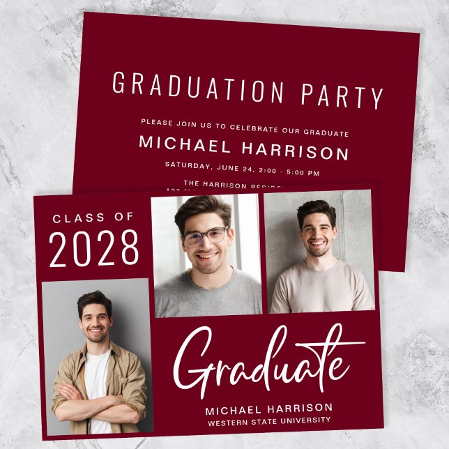 Modern 3-fotoburgundisk Studentfest Inbjudningar (A modern photo collage graduation party invitation to celebrate the graduate's achievements)