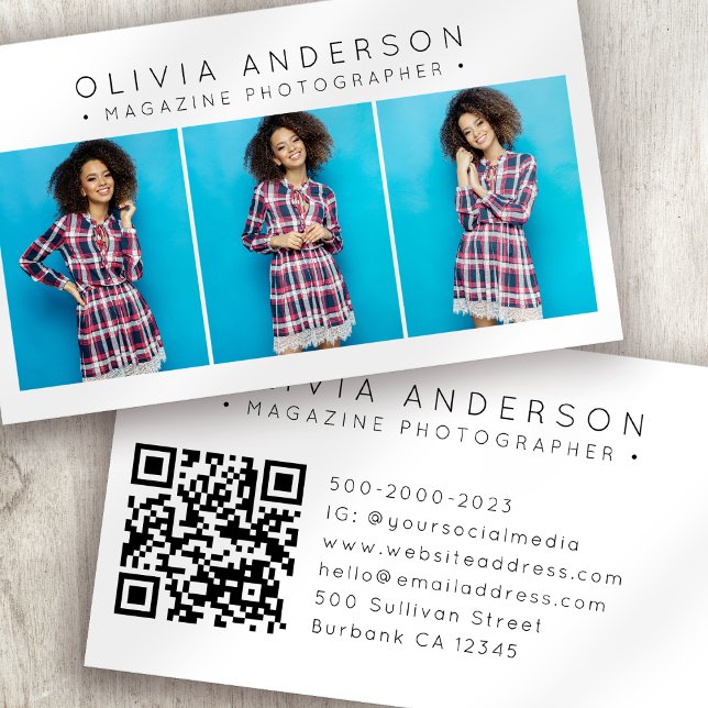 Modern 3-fotofotofotoskrivare QR-kod Visitkort (Skapare uppladdad)