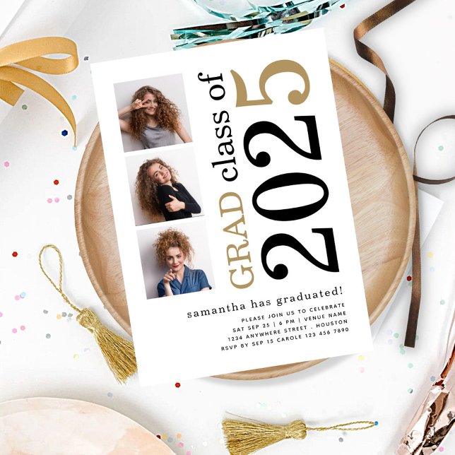 Modern 3 foton Black Guld 2025 White Studenten Inbjudningar (front view)