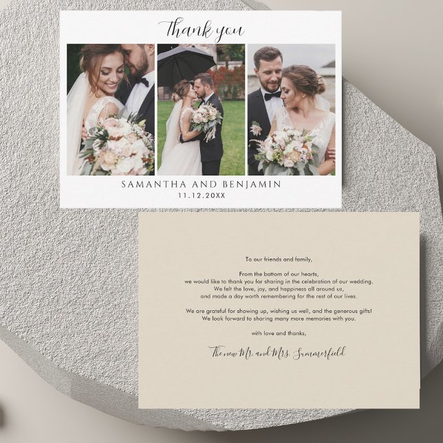 Modern 3 foton Bröllop Tack Anteckningskort (Modern 3 Photos Wedding Thank You Note Card)