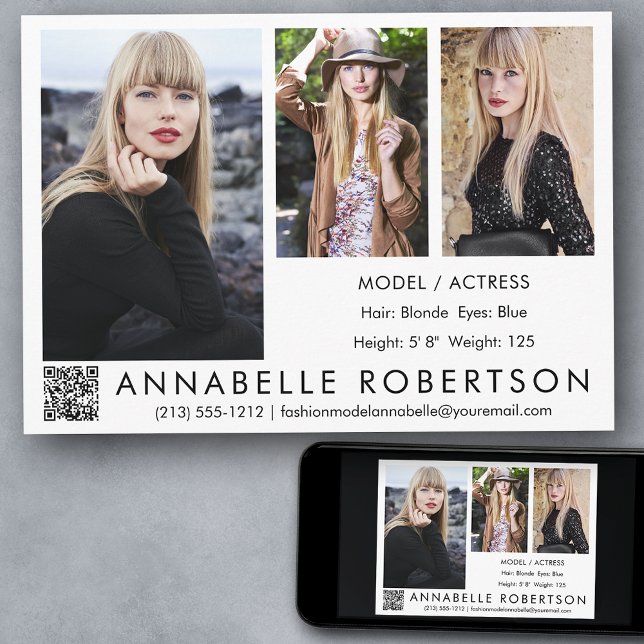 Modern 3 foton QR-kodmodell och Actor Comp Card Inbjudningar (Customize to change background color, text size, style or to add more photos to back of card.)