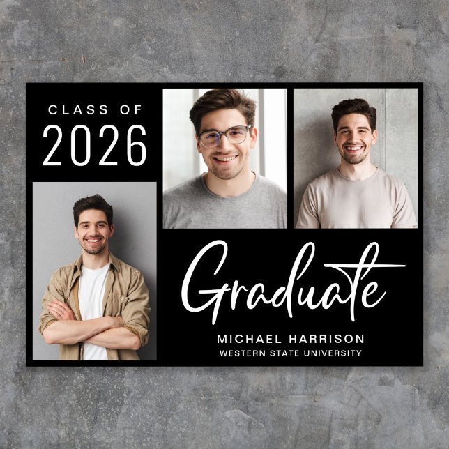 Modern 3-fotoskript, svart Studenten Meddelande (Cherish the milestone: share your graduate's achievement with a custom photo graduation announcement)