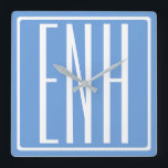 Modern 3-Initialer-monogram | Mjuk blå Fyrkantig Klocka<br><div class="desc">Vit text och vit ram på himlar blå (eller välj ditt eget färg).</div>