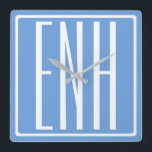 Modern 3-Initialer-monogram | Mjuk blå Fyrkantig Klocka<br><div class="desc">Vit text och vit ram på himlar blå (eller välj ditt eget färg).</div>