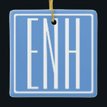 Modern 3-Initialer-monogram | Mjuk blå Julgransprydnad Keramik<br><div class="desc">Vit text och vit ram på himlar blå (eller välj ditt eget färg).</div>