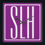 Modern 3-Initialer-monogram | Vit och Lila Fyrkantig Klocka<br><div class="desc">Vit text & vit ram på lila (utbytbar bakgrund färg).</div>
