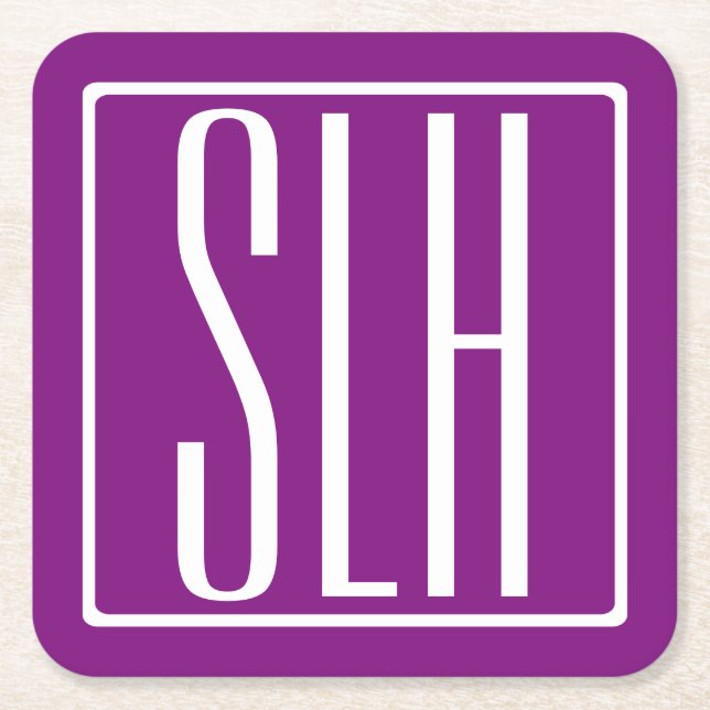 Modern 3-Initialer-monogram | Vit och Lila Underlägg Papper Kvadrat (Framsidan)