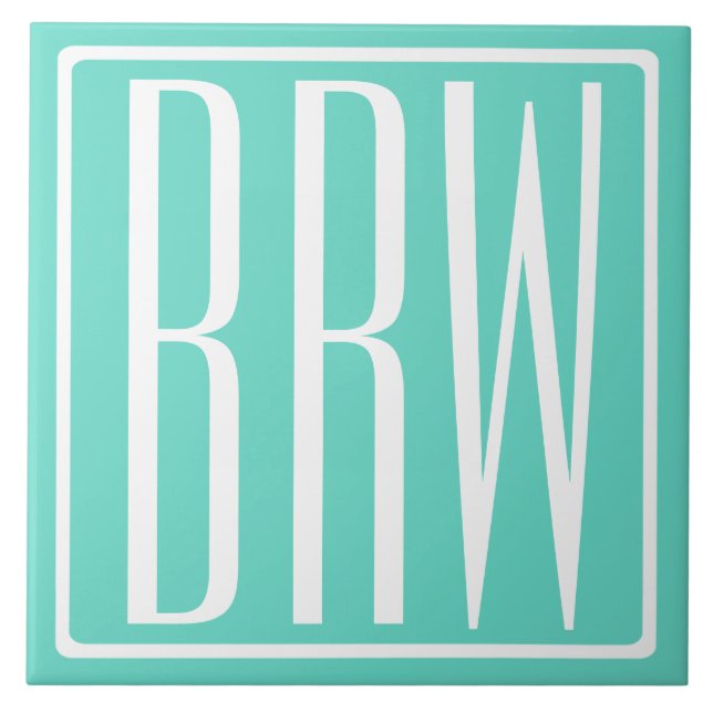 Modern 3-Initialer-monogram | Vit på Aqua Kakelplatta (Framsidan)