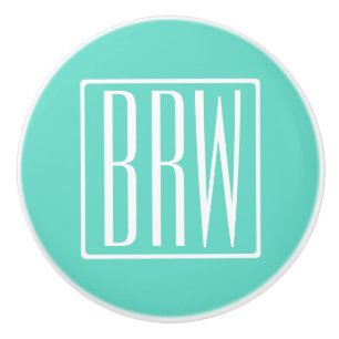 Modern 3-Initialer-monogram   Vit på Aqua Knopp