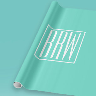 Modern 3-Initialer-monogram Vit på Aqua Presentpapper