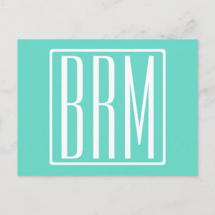 Modern 3-Initialer-monogram Vit på Aqua Vykort