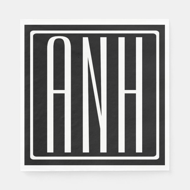 Modern 3-Initialer-monogram | Vit på svart Pappersservett (Framsidan)