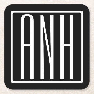 Modern 3-Initialer-monogram   Vit på svart Underlägg Papper Kvadrat