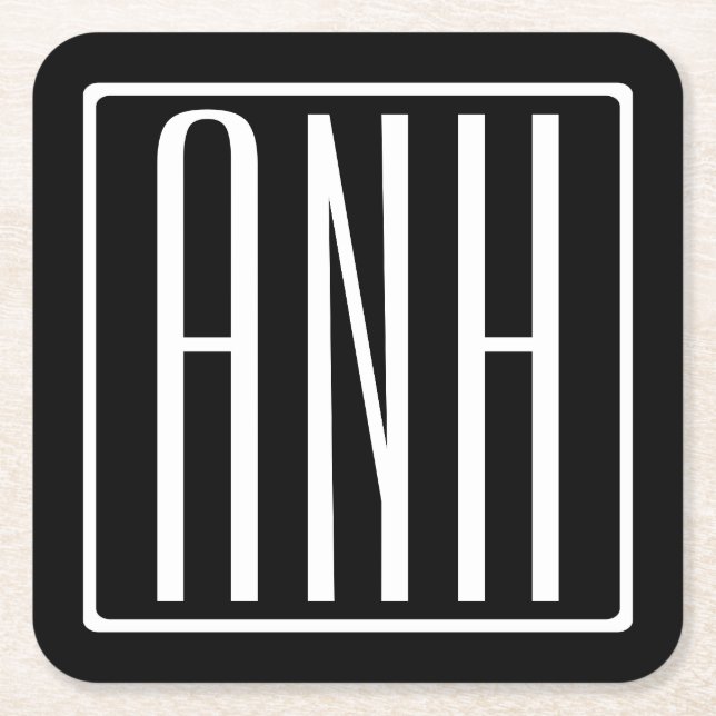 Modern 3-Initialer-monogram | Vit på svart Underlägg Papper Kvadrat (Framsidan)