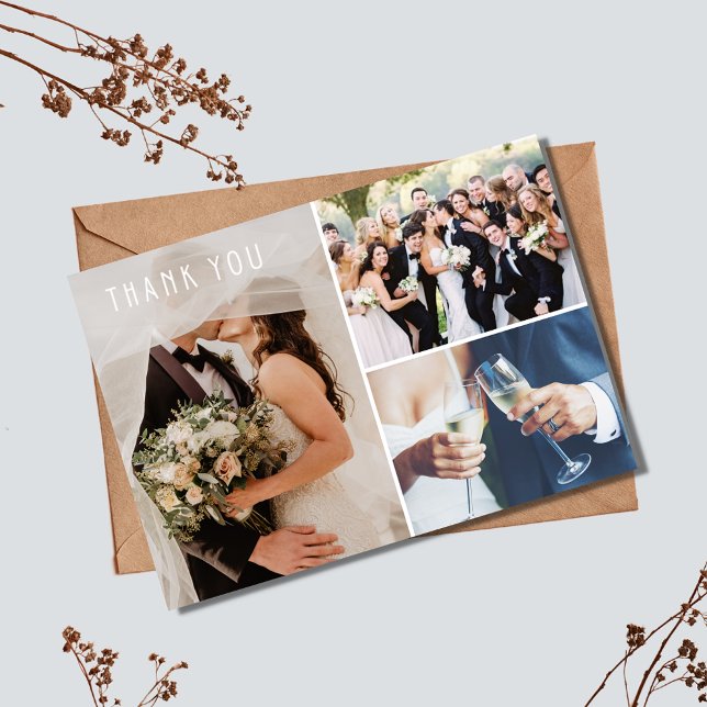 Modern 3 Photo Bröllop Tack (Modern 3 Photo Wedding Thank You Card)