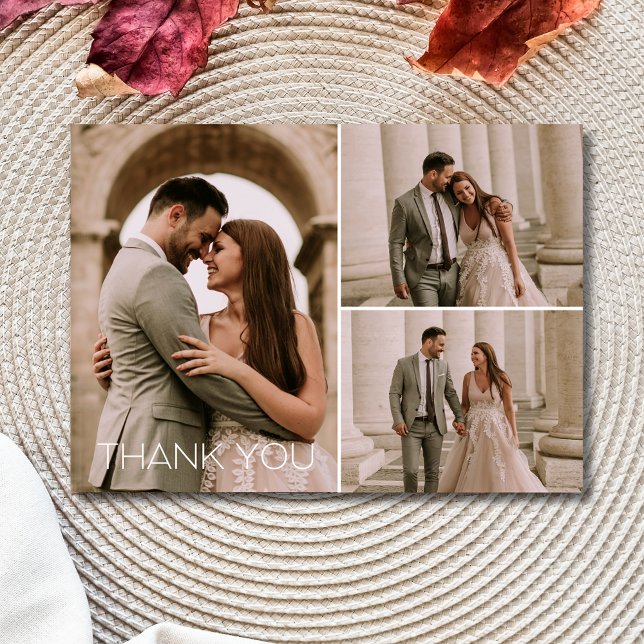Modern 3 Photo Bröllop Tack Kort (Modern 3 Photo Wedding Thank You Card)